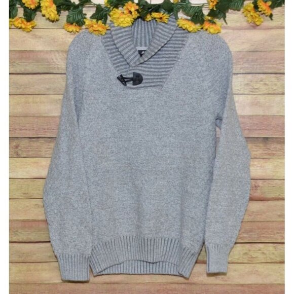 H&M Men's Gray Pullover V-Neck Long Sleeve Sweater Size S Ribbed Shawl Collar - Picture 1 of 8